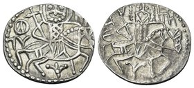 Alexius IV, emperor of Trebizond, 1417-1446. Asper (Silver, 14.5 mm, 0.95 g, 5 h). O-A EY St. Eugenius on horseback to right holding long cross; upper...