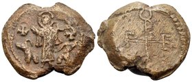 Georgios, circa 6th century. Seal or Bulla (Lead, 21 mm, 13.79 g, 12 h). Nimbate Prophet Daniel standing facing, praying to God, flanked by two lions;...