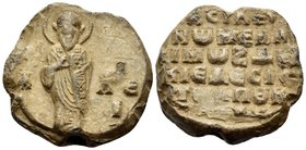 Basil Apocapes. Nobelissimos and Dux of Edessa, 1077-1084. Seal (Lead, 21 mm, 11.22 g, 11 h). [O /B]A/C - I/ΛE/I St. Basil of Caesarea, nimbate, facin...