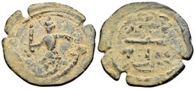 CRUSADERS. Edessa. Baldwin II, second reign, 1108-1118. Heavy Follis (Bronze, 28 mm, 7.02 g, 9 h). Baldwin II, wearing armor and conical helmet, stand...