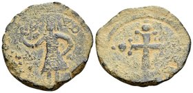 CRUSADERS. Edessa. Baldwin II, second reign, 1108-1118. Follis (Bronze, 23 mm, 5.30 g, 9 h). B/Α/Γ -Δ/Ο/Ι/N Baldwin II, wearing armor and conical helm...
