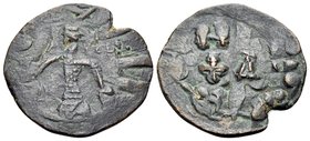 CRUSADERS. Edessa. Baldwin II, second reign, 1108-1118. Heavy Follis (Bronze, 20 mm, 2.57 g, 6 h). B/Δ Baldwin II, wearing armor and conical helmet, s...