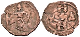 CRUSADERS. Edessa. Baldwin II, second reign, 1108-1118. Heavy Follis (Bronze, 23 mm, 2.37 g, 9 h). B/Δ-H/N Baldwin II, wearing armor and conical helme...