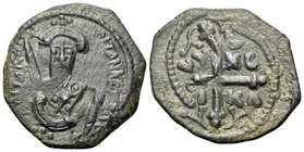 CRUSADERS. Antioch. Tancred, regent, 1101-1112. Follis (Bronze, 22 mm, 3.33 g, 7 h), Second type. +KE BOIΘH TANKRI or similar Bust of Tancred facing, ...