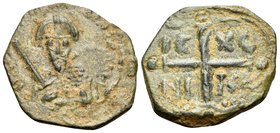 CRUSADERS. Antioch. Tancred, regent, 1101-1112. Follis (Bronze, 21 mm, 2.81 g, 4 h), Second type. +KE BO TO TANKRE or similar Bearded bust of Tancred ...