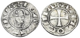 CRUSADERS. Antioch. Bohémond III, 1163-1201. Denier (Silver, 16 mm, 0.82 g, 3 h). +BOAMVͶDVS Helmeted bust of Bohémond to right, between crescent and ...