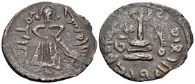 ISLAMIC, Umayyad Caliphate. Period of 'Abd al-Malik ibn Marwan, AH 65-86 / AD 685-705. Fals (Copper, 20.5 mm, 2.26 g, 6 h), 'Standing Caliph' type, Ma...