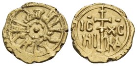 ITALY. Sicilia (Regno). Ruggero II, 1130-1154. Tarì (Gold, 12 mm, 1.27 g, 11 h), Palermo, 1140-1154. "al-malik Rujjar al-mu’tazz bi-llah" around circl...