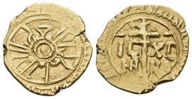 ITALY. Sicilia (Regno). Ruggero II, 1130-1154. Tarì (Gold, 14.5 mm, 1.45 g, 4 h), Palermo, 1140-1154. "al-malik Rujjar al-mu’tazz bi-llah" around pell...