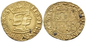 SPAIN, Aragon. Ferdinand II, 1479-1516. Ducat (Gold, 22 mm, 3.46 g, 3 h), Perpignan. FERDINANDVS•D• G• REX• CS Crowned and draped bust of Fernando II ...