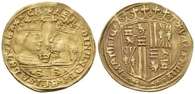 SPAIN, Castile & León. Ferdinand V & Isabella I, 1474-1504. Ducat (Gold, 23 mm, 3.48 g, 9 h), Valencia. +FERDINANDVSx ELISABETx REX CA Crowned bust of...