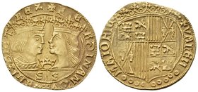 SPAIN, Castile & León. Ferdinand V and Isabella I, 1474-1504. Ducat (Gold, 23.5 mm, 3.52 g, 5 h), Valencia. +FERDINANDVS + ELISABET REX Crowned bust o...