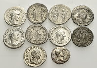 ROMAN IMPERIAL. Circa 2nd - 3rd Century AD. (Silver, 41.00 g). Lot of Ten (10) coins including a denarius of Hadrian and 4 AR Antoniniani of Trajan De...