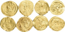BYZANTINE, Early Byzantine period. Circa 5th-6th century. (Gold, 11.51 g). Lot of Eight (8) Early Byzantine gold coins, all Tremisses, representing An...