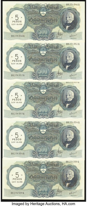 Argentina Banco Central 5 Pesos on 500 Pesos ND (1969-71) Pick 283, Five Example...
