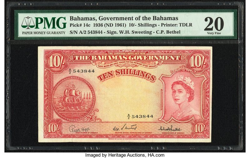 Bahamas Bahamas Government 10 Shillings 1936 (ND 1961) Pick 14c PMG Very Fine 20...