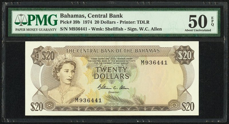 Bahamas Central Bank 20 Dollars 1974 Pick 39b PMG About Uncirculated 50 EPQ. 

H...