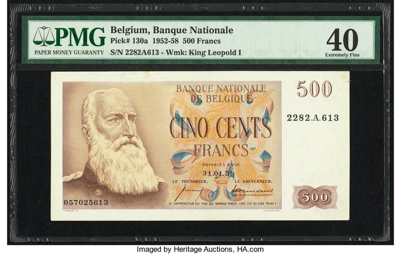 Belgium Nationale Bank Van Belgie 500 Francs 31.1.1958 Pick 130a PMG Extremely F...