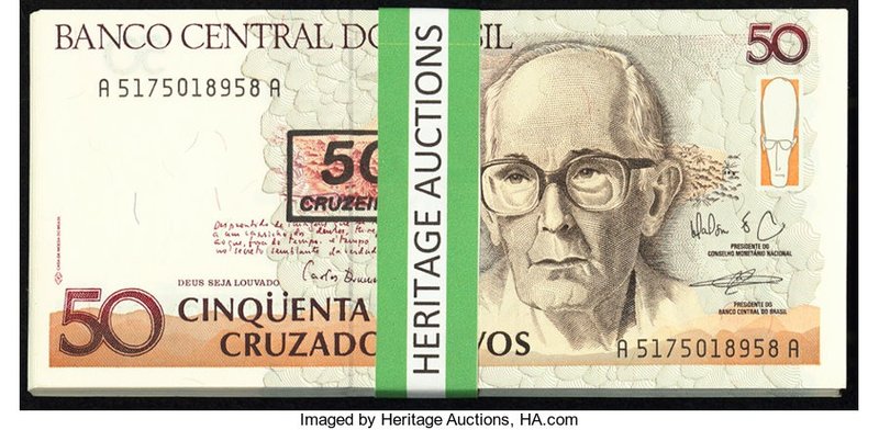 Brazil Banco Central Do Brasil 50 Cruzeiros on 50 Cruzados Novos ND (1990) Pick ...