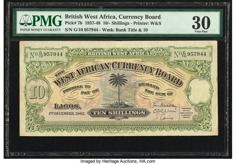 British West Africa West African Currency Board 10 Shillings 1.12.1942 Pick 7b P...
