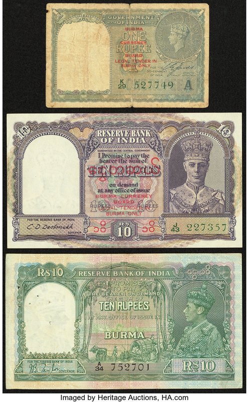 Burma Reserve Bank of India 10 Rupees ND (1939) Pick 5; Military Administration ...
