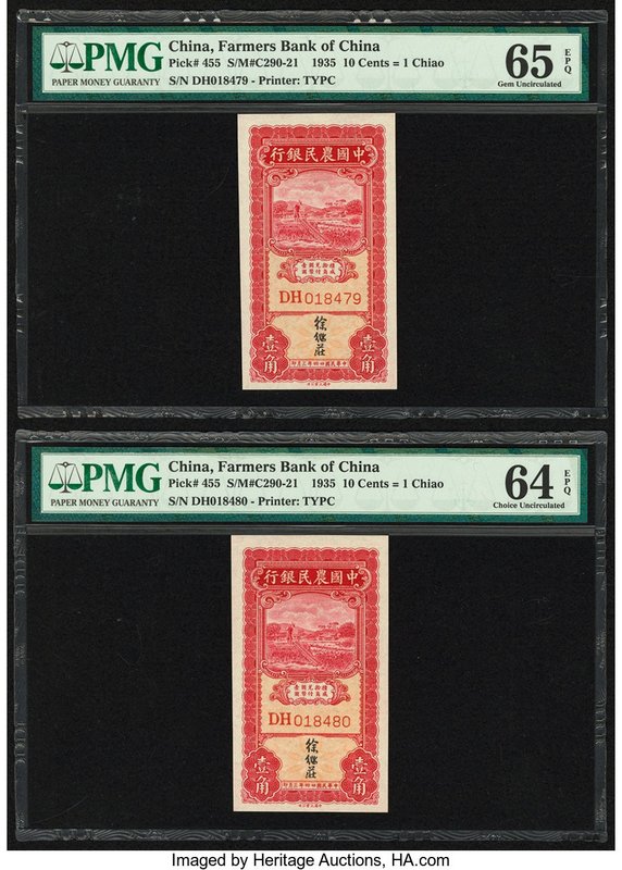 China Farmers Bank of China 10 Cents = 1 Chiao 1935 Pick 455 S/M#C290-21 Two Con...