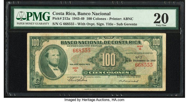 Costa Rica Banco Nacional 100 Colones 21.12.1949 Pick 212a PMG Very Fine 20. 

H...