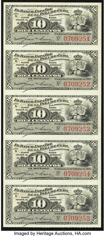 Cuba Banco Espanol De La Isla De Cuba 10 Centavos 1897 Pick 52, Uncut Strip of F...