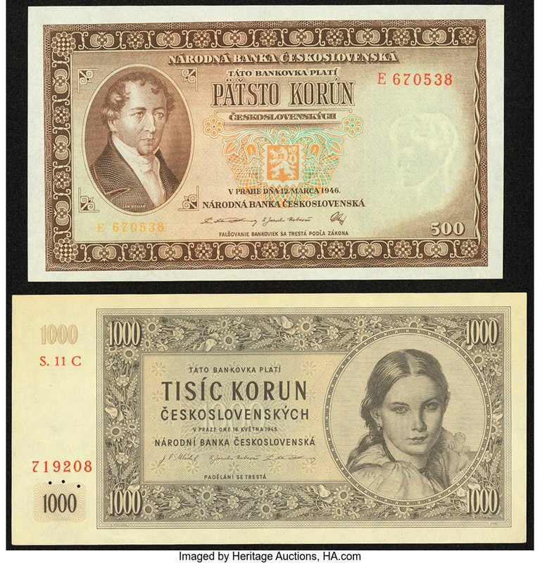 Czechoslovakia Narodni Banka Ceskoslovenska 500 Korun 12.5.1946 Pick 73a; 1000 K...