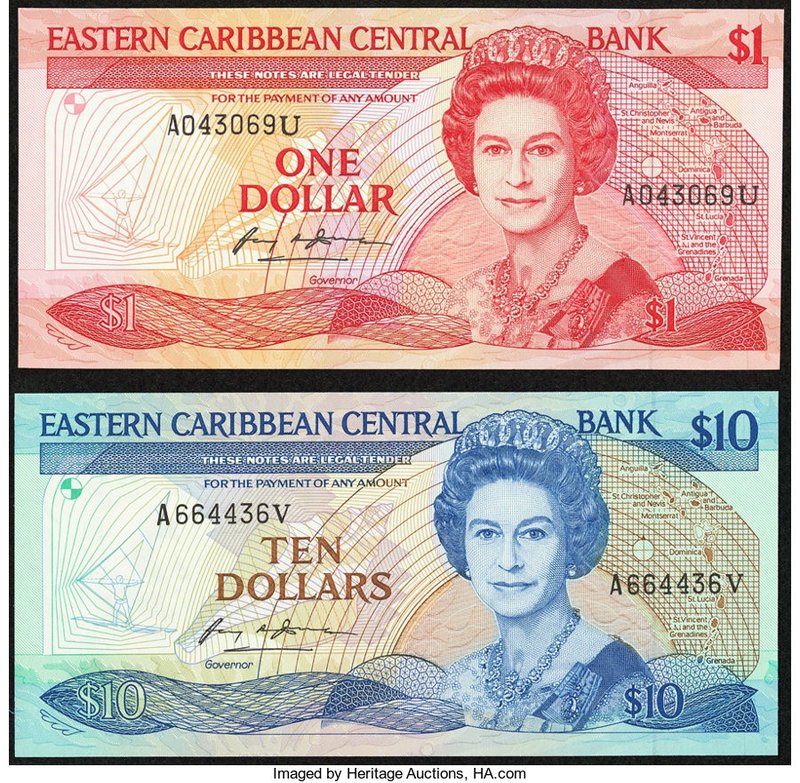East Caribbean States Central Bank 1 Dollar ND (1988-89) Pick 21u; 10 Dollars ND...