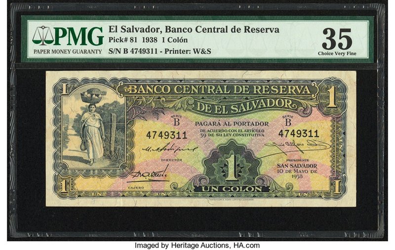 El Salvador Banco Central de Reserva de El Salvador 1 Colon 10.5.1938 Pick 81 PM...