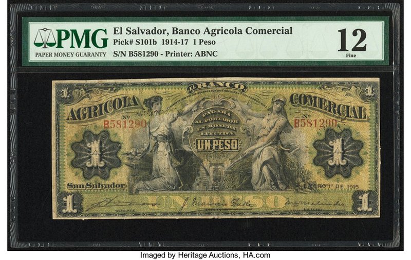 El Salvador Banco Agricola Comercial 1 Peso 1.1.1915 Pick S101b PMG Fine 12. Tri...