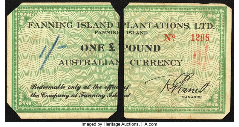 Fanning Island Fanning Island Plantation £1 ND (1942) Schwan-Boling 1541b Fine. ...