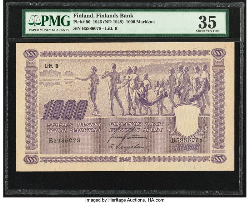 Finland Finlands Bank 1000 Markkaa 1945 (ND 1948) Pick 90 PMG Choice Very Fine 3...