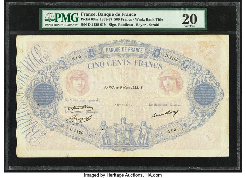 France Banque de France 500 Francs 9.3.1933 Pick 66m PMG Very Fine 20. Minor rep...