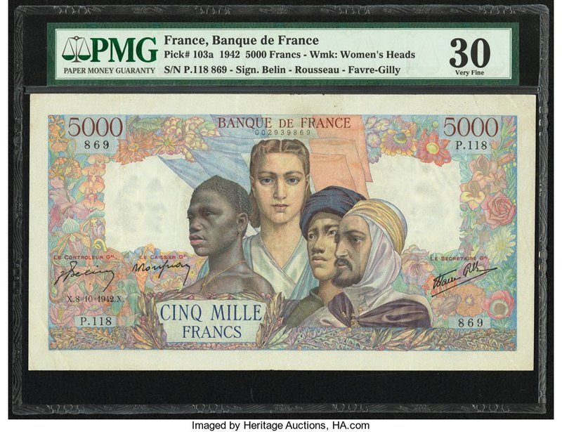 France Banque de France 5000 Francs 8.10.1942 Pick 103a PMG Very Fine 30. 

HID0...