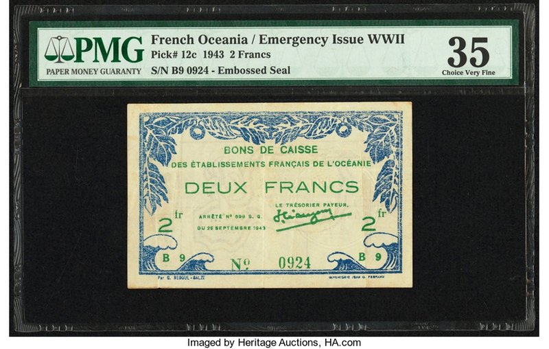French Oceania Bons de Caisse 2 Francs 26.9.1943 Pick 12c PMG Choice Very Fine 3...