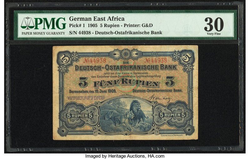 German East Africa Deutsch-Ostafrikanische Bank 5 Rupien 15.6.1905 Pick 1 PMG Ve...