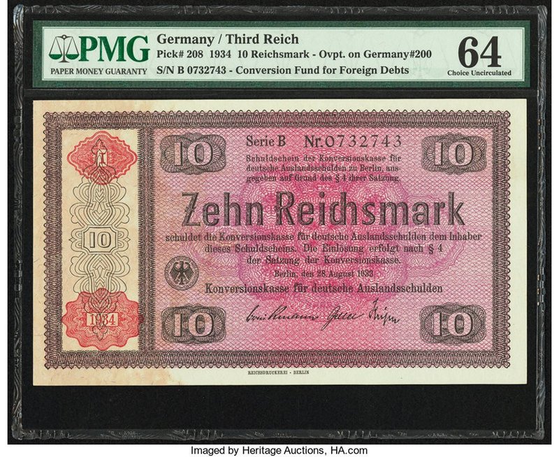 Germany Third Reich 10 Reichsmark 28.8.1933 Pick 208 PMG Choice Uncirculated 64....