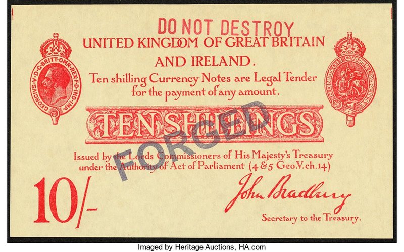 Great Britain Bank of England 10 Shillings ND (1915) Pick 348a Counterfeit Crisp...