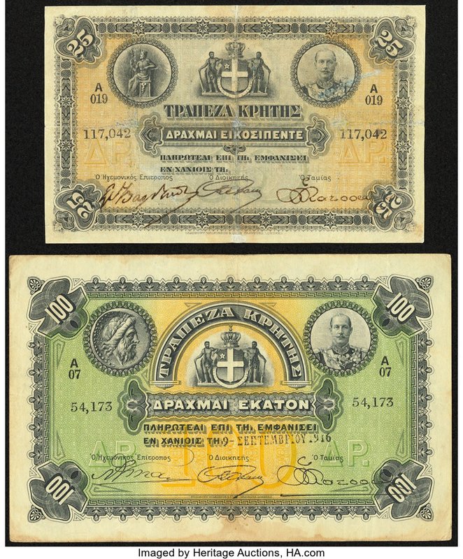 Greece Bank of Crete 25 Drachmai 1909-16 Pick S153; 100 Drachmai 9.9.1916 Pick S...