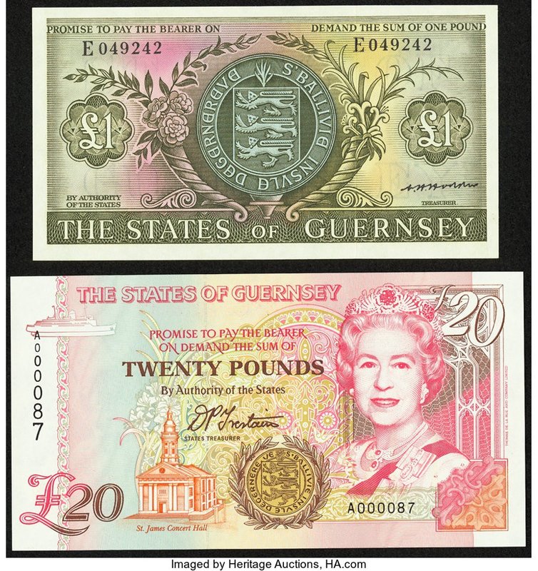 Guernsey States of Guernsey 1 Pound ND (1969-75) Pick 45b; 20 Pounds ND (1996) P...