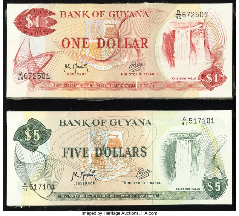 Guyana Bank of Guyana 1; 5 Dollars ND (1992) Pick 21g; 22f Two Packs of 100 Cons...