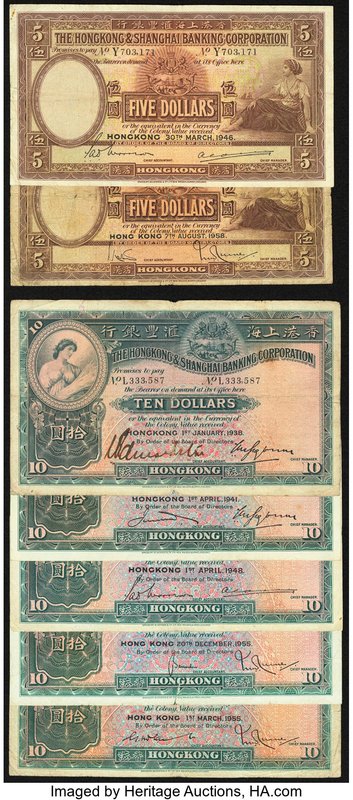 A Circulated Group of 5 and 10 Dollar Notes from the Hong Kong and Shanghai Bank...