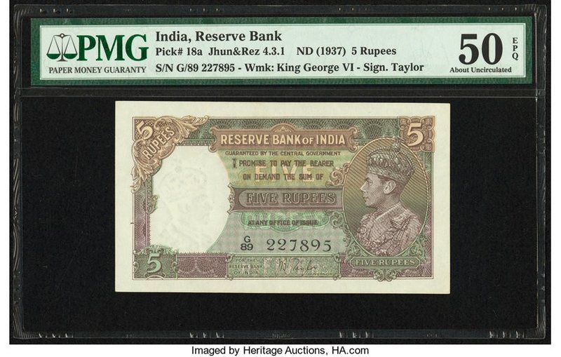 India Reserve Bank of India 5 Rupees ND (1937) Pick 18a Jhun4.3.1 PMG About Unci...