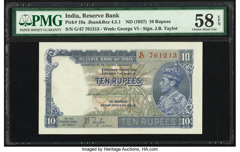 India Reserve Bank of India 10 Rupees ND (1937) Pick 19a Jhun4.5.1 PMG Choice Ab...