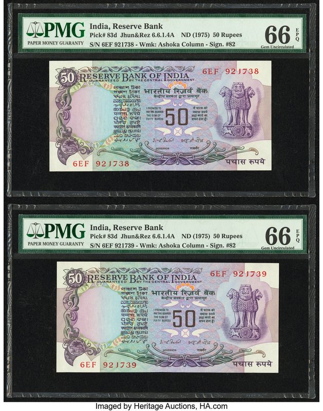 India Reserve Bank of India 50 Rupees ND (1975) Pick 83d Jhun6.6.1.4A Two Exampl...