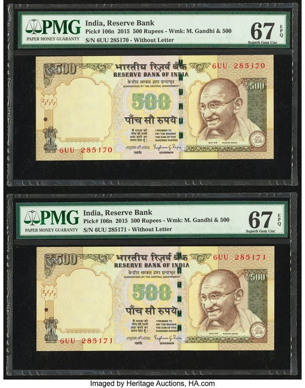 India Reserve Bank of India 500 Rupees 2015; 2016 Pick 106n (2); 106y (3) Consec...