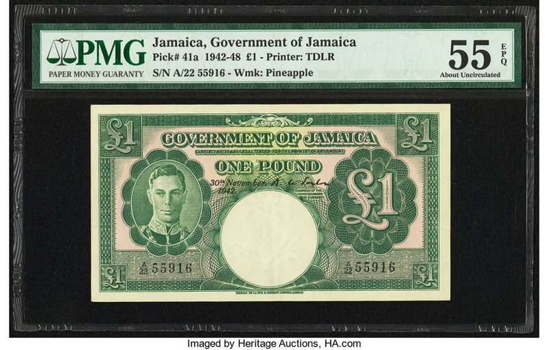 Jamaica Government of Jamaica 1 Pound 30.11.1942 Pick 41a PMG About Uncirculated...