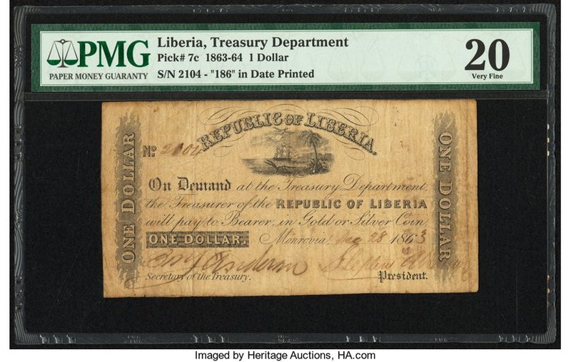Liberia Republic of Liberia 1 Dollar 28.12.1863 Pick 7c PMG Very Fine 20. 

HID0...
